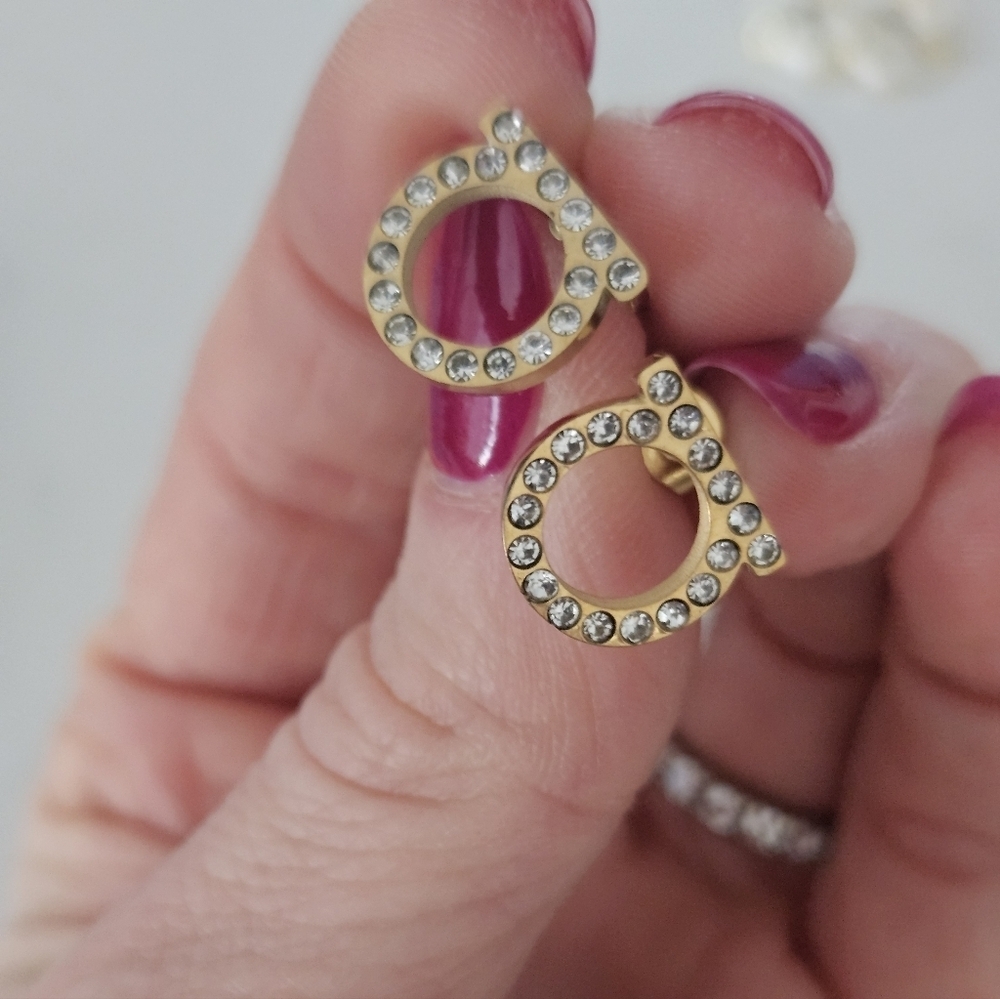 NEW Gancini-Style Gold-Tone Stainless Steel Crystalled Stud Earrings - Picture 5 of 6